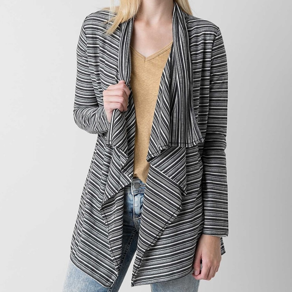 O'neill open flyaway striped cardigan sweater jacket shawl collar small black - Picture 1 of 2